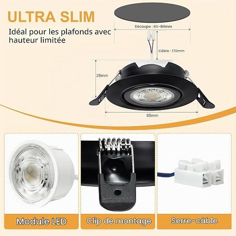 Spot LED Encastrable 230V Dimmable 68mm 5.5W IP44 45° Rotatif Extra Plat Spots de Plafond Blanc Chaud Blanc Neutre Blanc Froid Spot Salle de Bain Noir (1/4)