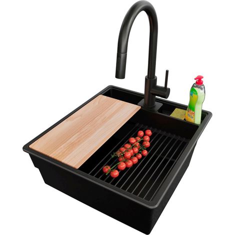 PRIMAGRAN Evier Cuisine en Granit 48x53cm,Lavabo 1 bac + Robinet 40x20cm + Kit de Vidage + Accessoires, Évier à Encastrer au meuble 50cm - New York, Tout Noir (1/5)