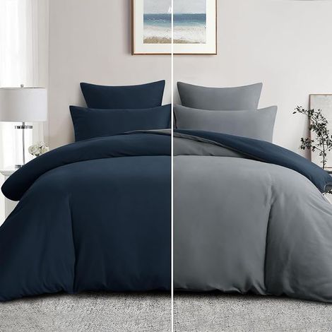 Housse de Couette 240x260 Réversible avec 2 Taies d'oreiller 65x65 cm (Bleu Foncé/Gris) - Parure de Lit 240 x 260 Adulte 2 Personne Microfibre, Parure Couette avec Fermetures éclair (1/2)