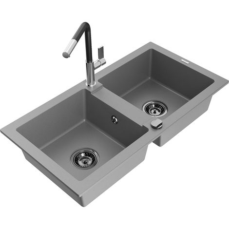 Mexen Mario lavello in granito a 2 vasche con rubinetto da cucina Flora, grigio - 6504-71-670401-07-B (1/5)