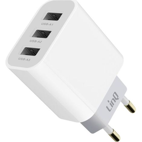 Chargeur Secteur Triple USB Puissance 15.5W Format Compact LinQ Blanc