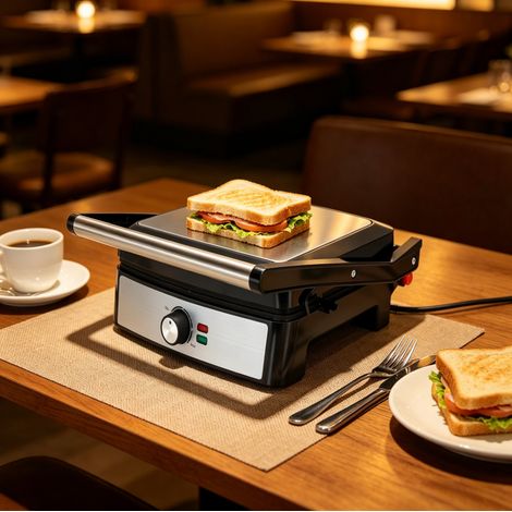 Appareil à panini 2200W plaques antiadhésives lavables double face, pour sandwichs gaufres steaks, performant pratique pour maison et professionnel
