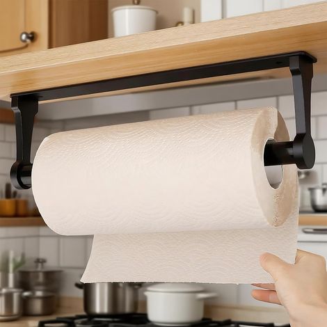 Porte-rouleau de papier essuie-tout mural sans perçage - En aluminium - Autocollant - Pour cuisine, salle de bain - Noir (1/5)