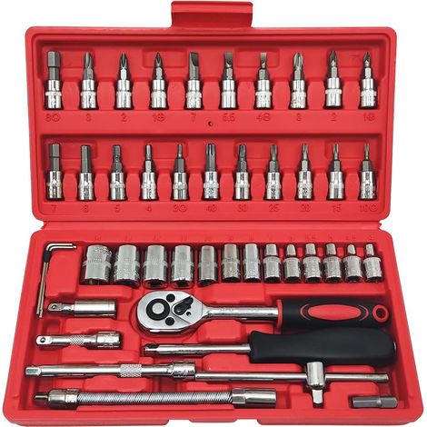 Clé À Douille - 46 Pièces - Cliquet À Bouton-Poussoir - Boîte Outils Mécanique Pour Voiture Moto Maison - Kit Complet
