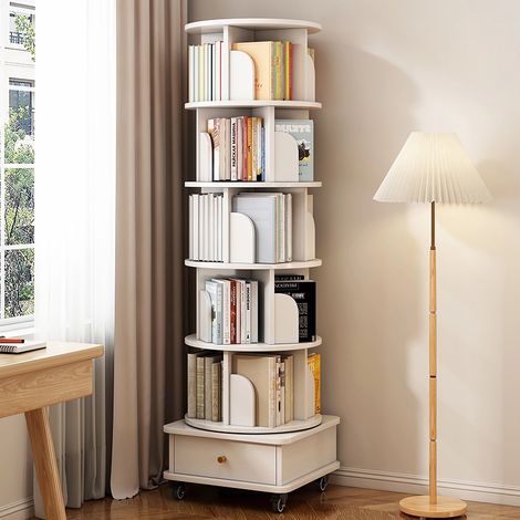 Estantería giratoria 360° - 46 x 46 x 173 cm de 6 niveles con ruedas y cajón - Librería redonda de MDF para espacios pequeños salón y oficina - Blanco (1/5)