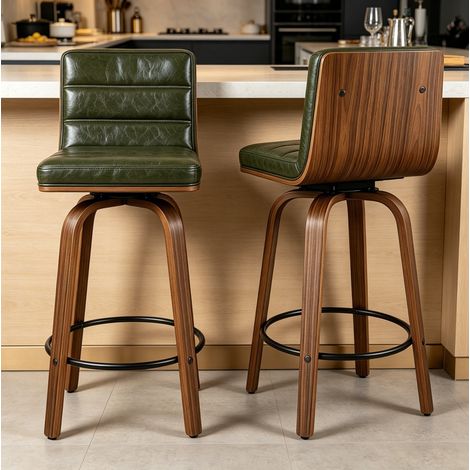 Taburete de bar giratorio 360°, respaldo ergonómico, tapicería de PU, patas de madera curvadas, color verde (1/5)