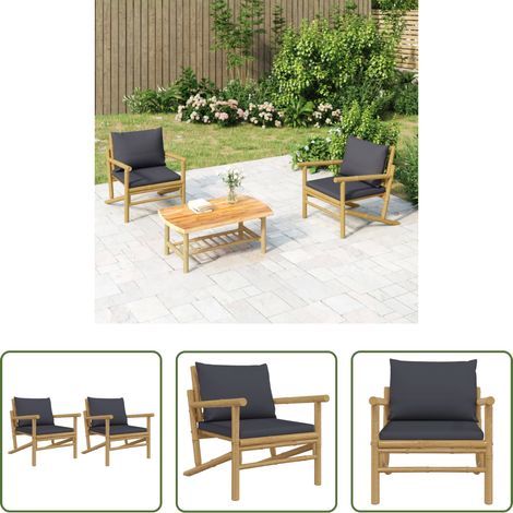 vidaXL Sillas de jardín de bambú 2 unidades con cojines gris oscuro (1/5)