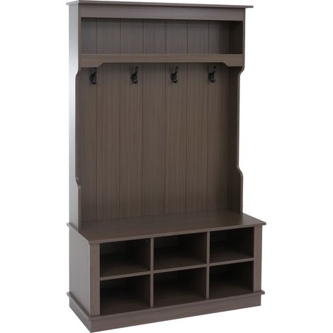 Aparador HHG-661, aparador de pasillo de madera con banco, 4 ganchos, compartimento de almacenamiento y estante de melamina, 170 x 100 x 39 cm, Acabado en nogal
