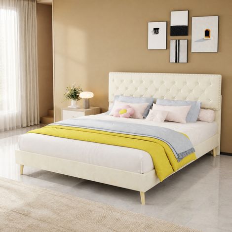 DESMIU Lit Coffre 160 × 200 cm 2 places avec rangement sous le lit, sans matelas, en tissu, beige (1/4)