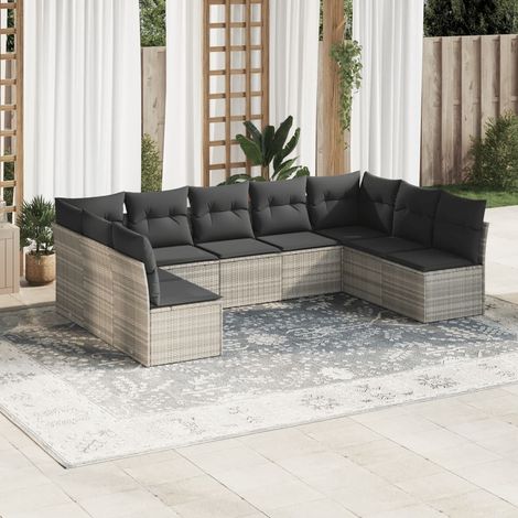 vidaXL Gartenlounge 9 Teile mit hellgrauen Kissen aus geflochtener Kunstfaser (1/3)