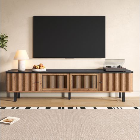 Mueble TV 190x35x45 cm roble en MDF y tablero de partículas con puertas correderas y rejilla (1/5)