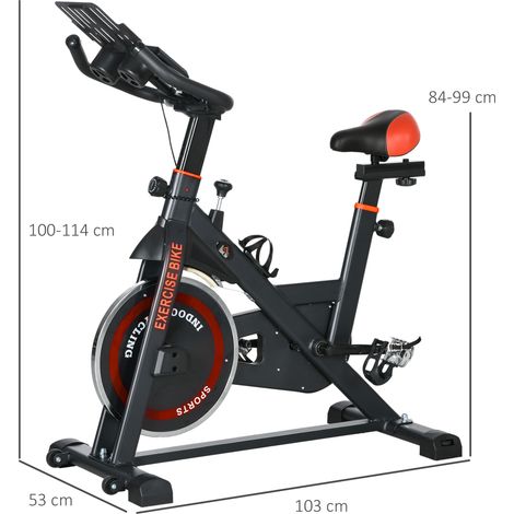 Vélo d'appartement avec volant d'inertie de 8 kg et écran LCD, en acier et ABS, dimensions : 103 x 53 x 100-114 cm, rouge et noir. (1/5)