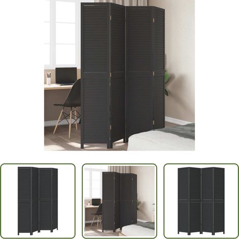 vidaXL Biombo separador de 4 paneles madera maciza Paulownia negro (1/5)