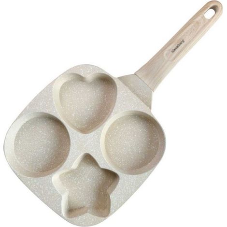 Poêle À Œufs Et Crêpes - Revêtement Marbre Antiadhésif - 4 Compartiments Forme Cœur Étoile Ronde - Compatible Induction - 19 X 19 Cm - 1 Pièce