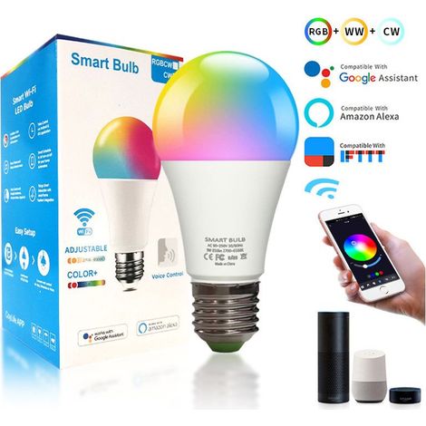 Lot de 4 lampes LED connectées WiFi E27 - Lumière blanche et colorée - Contrôle via application et commande vocale - Intensité réglable - Éclairage intelligent - Ampoule connectée - Veilleuse - Lampes (1/5)