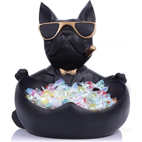 Statue bouledogue français noir - Bol bonbons et porte-clés - Plateau rangement bijoux - décoration moderne maison, bureau, entrée - Organiseur bureau (1/4)