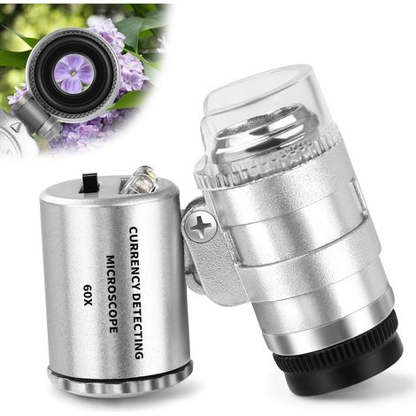 Lupa de joyero 60X con luz - Minimicroscopio de bolsillo - Lupa para piedras preciosas con luz LED/UV - Lupa - Tricoma para trabajos de cerca, joyas y monedas (1/5)