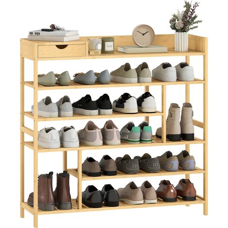 Étagère à chaussures, support à chaussures avec 6 niveaux, tiroir en bambou, pour max. 18 paires de chaussures, rangement à chaussures pour entrée, chambre à coucher, 101 x 30 x 100 cm, naturel (1/5)