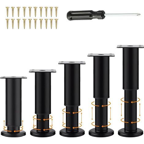5 Pièces Pieds Meubles Noir Réglables 18-30cm, Jambe Support Canapé avec 20 Vis et 1 Tournevis, Pied Lit pour Table, Chaise, Bureau, Cuisine, Armoire, Pieds Salle Bain Ronds Universel Perçage sans (1/5)