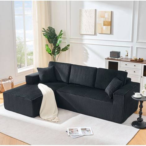 Divano angolare modulare a L 235x128x60 cm, velluto a coste nero, con chaise longue e 2 cuscini (1/5)