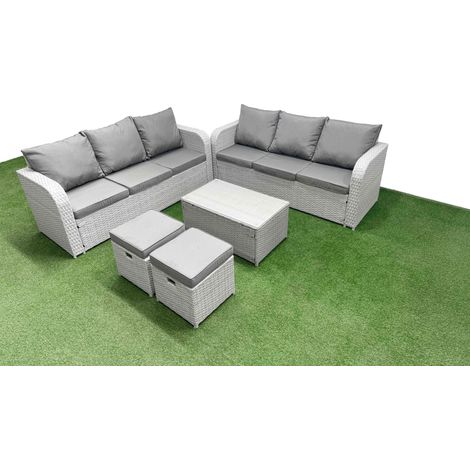 Fimous Outdoor Garden Furniture Sets 8 Seater Wicker Rattan Furniture Sofa Sets with Rectangular Coffee Table high Back Lounge Sofa Stools Light Grey (1/5)