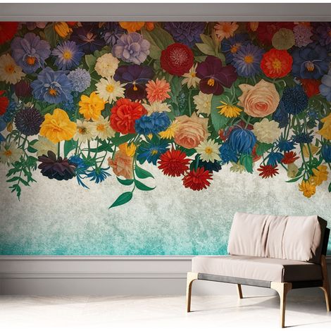 Selbstklebend Tapete - abwaschbar - Raumgestaltung Schlafzimmer Wohnzimmer Tapete Bunte Blumen 312x219 cm (1/5)