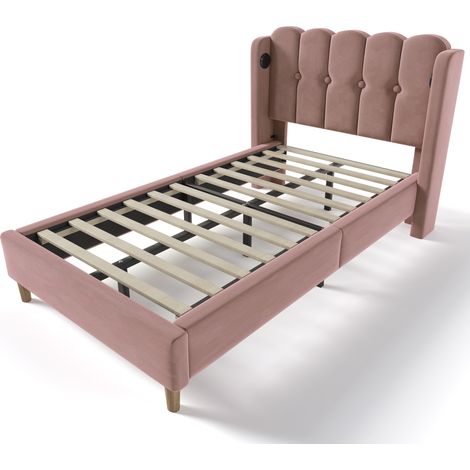 Einzelbett 90×200 cm mit USB und USB-C, Gepolstertem Kopfteil, ohne Matratze, aus Samt, Rosa (1/5)