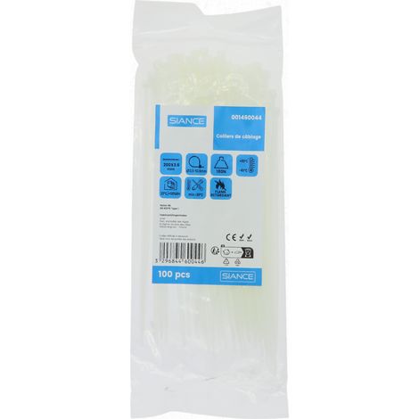 SACHET DE 100 COLLIERS DE FIXATION BLANCS 3.6 X 200 MM CONVIENT POUR DES DIAMETRES DE 3.5 A 52.5 MM - RESISTANCE 180N