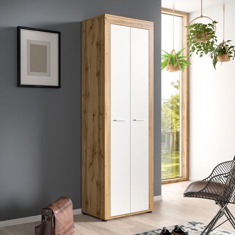 Armoire 2 portes 64x35x191 cm blanc en décor chêne - JAMO (1/5)