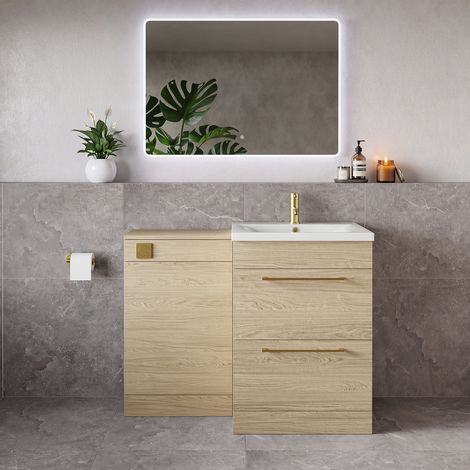 Napoli 460 Light Oak 1100mm 2 Drawer Vanity Unit Toilet Suite with Glide Basin - 1100mm - Brushed Brass 320mm HandleWithout Kingston Toilet Pan
