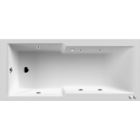 Square Straight Shower Bath Whirlpool Bath with 6 Chrome Jets and Leg Set, 1700 x 750mm