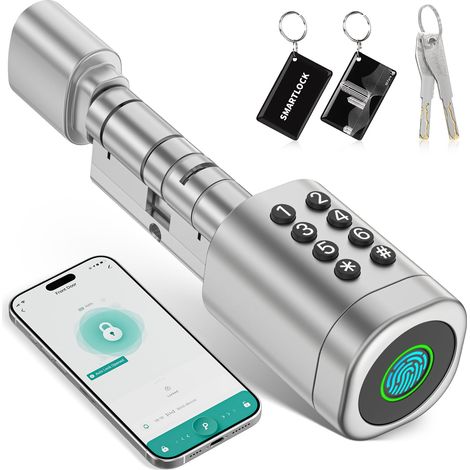 Verrou intelligent, serrure de porte électronique à empreintes digitales, longueur du cylindre réglable pour porte de 35 à 60 mm, accès sans clé 5 en 1 : empreinte digitale, clé, code, carte, (1/5)