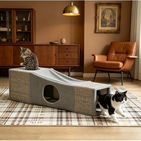 Túnel para gatos de interior con 2 cuevas, sisal y pelota colgante, 98 x 30 x 30 cm, gris (1/5)