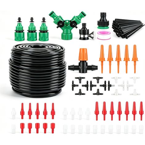 Kit Irrigation Goutte à Goutte DIY 50M - Système d'Arrosage Automatique Jardin - pour Pelouse Potager Paysage Plantes - Tuyau + Goutteurs Inclus (1/4)