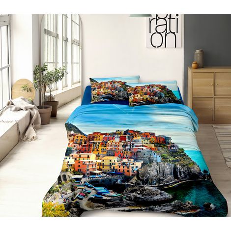 Completo Letto Lenzuola 100% Cotone Set Lenzuolo Moderno Sotto Sopra Federe Due Stampe In Altissima Definizione Dis45CinqueTerre - Matrimoniale