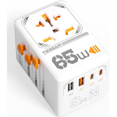 Adaptateur de voyage universel, prise 65 W avec ports de charge 2A2C, convertisseur de puissance, compatible avec les pays du monde entier, blanc (1/5)