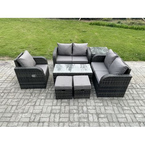 Fimous Rattan Outdoor Garden Furniture Sofa Set Patio Table & Chairs Set with 2 Small Footstools Side Table Dark Grey Mixed