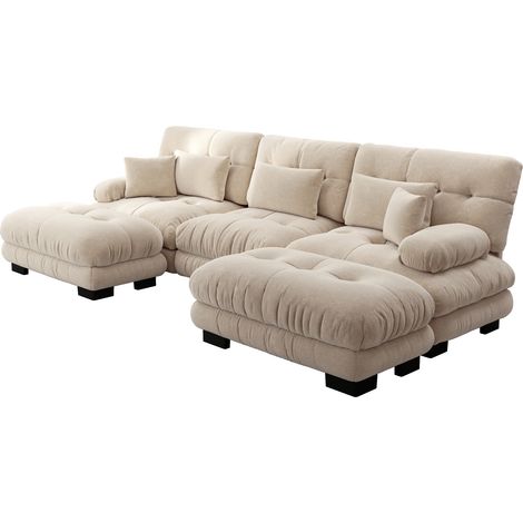 ELVMI Divano Angolare Modulare a U con Pouf, Seduta Profonda, Chenille, Marrone Chiaro (1/5)