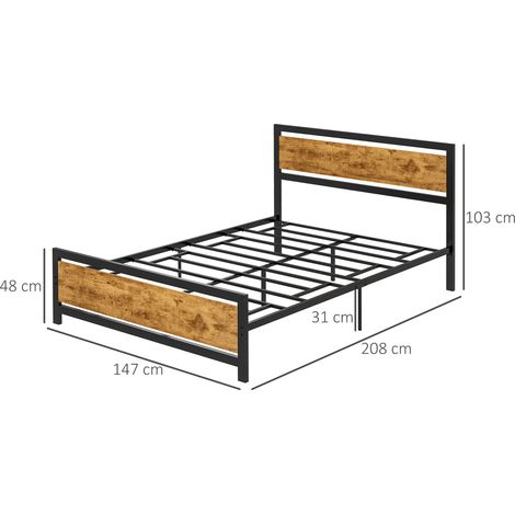 Cadre de lit Queen size en bois et acier (avec lattes de style industriel), 140 x 200 cm (1/5)