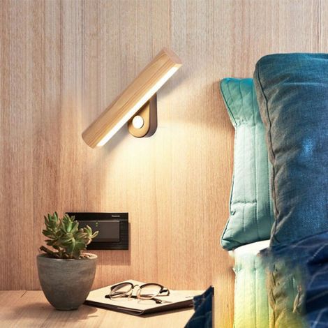 Applique murale LED - - - 360° rotatif - Lumière tricolore - Bois d'hévéa 22,5 cm (1/3)