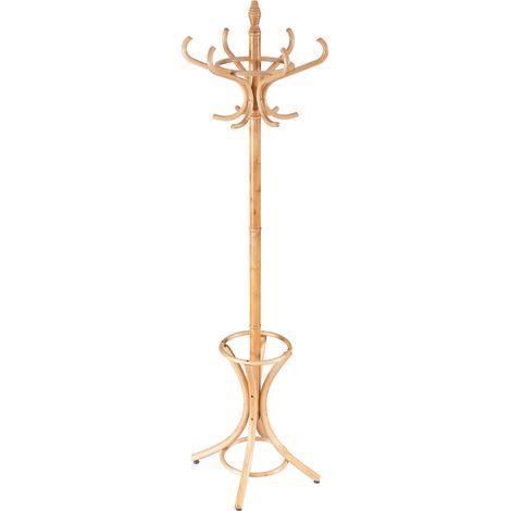 Portant à vêtements et chapeaux en bois naturel avec crochets rotatifs et porte-parapluie intégré pour entrée, couloir et bureau (1/5)