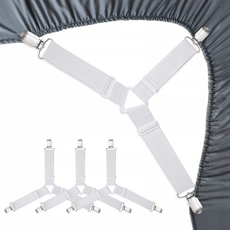 Set mit 4 Bettlaken-Befestigungen, elastischen und verstellbaren Verschlüssen sowie Schlaufen zur Vermeidung von Falten