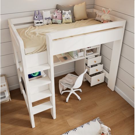 Lit simple 90x200 mezzanine bureau rangements blanc HAVRYA (1/5)