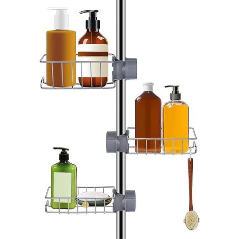 Estante de ducha de acero inoxidable, no requiere perforación, juego de 3 piezas, estante de baño telescópico de acero inoxidable, no requiere perforación, 22,511 cm (1/5)