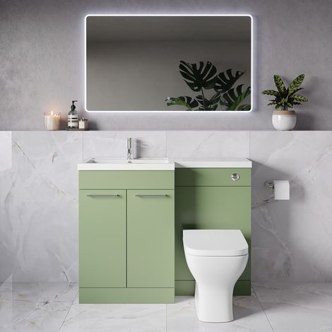 Napoli 390 Olive Green 1100mm 2 Door Vanity Unit Toilet Suite with Square Left Hand Lucia Basin - 1100mm - Chrome 160mm HandleWith Kingston Toilet Pan and Seat