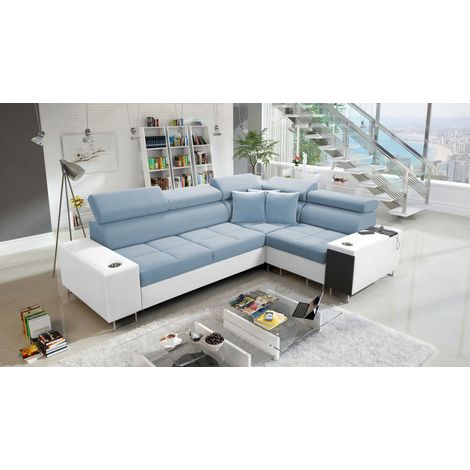 Elegantes Ecksofa mit Konsole und Ladegerät MORENA II Kunstleder/Uttario Velvet Weiß/Blau Rechts (1/5)