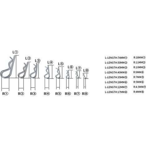 Assortiment de 100 goupilles fendues en acier inoxydable, clips R goupilles fendues retenant la goupille d'attelage à ressort pour tracteurs de remorquage tondeuses à gazon