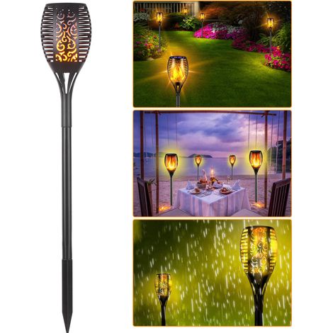 Linterna solar impermeable con efecto de llama parpadeante, 96 LED, iluminación exterior, baliza solar, decoración de paisajes, encendido/apagado automático. (1/5)