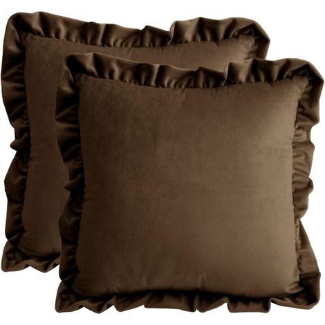 Set of 2 Brown Ruffled Cushion Covers 45x45 cm Home Decorative Velvet Pillowcases for Sofa, Bedroom, Car
