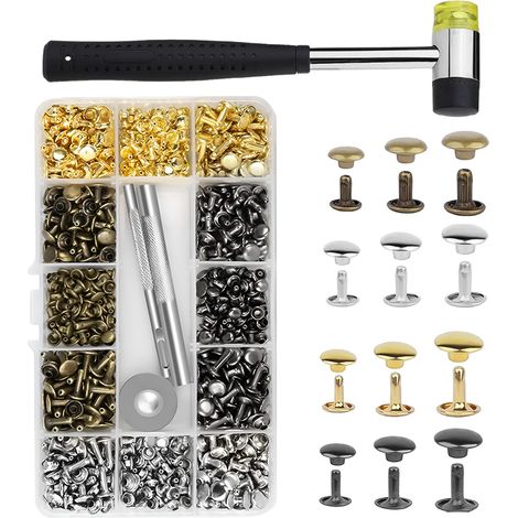 Rivet - Double Cap Rivet Set - 300 Pièces (Or Argent Brun Noir) - 3 Tailles (6x6 mm 8x8 mm 8x12 mm) - Avec Mallette En Caoutchouc Et Outils De Pose - Pour Cuir Textile Chaussures Et DIY